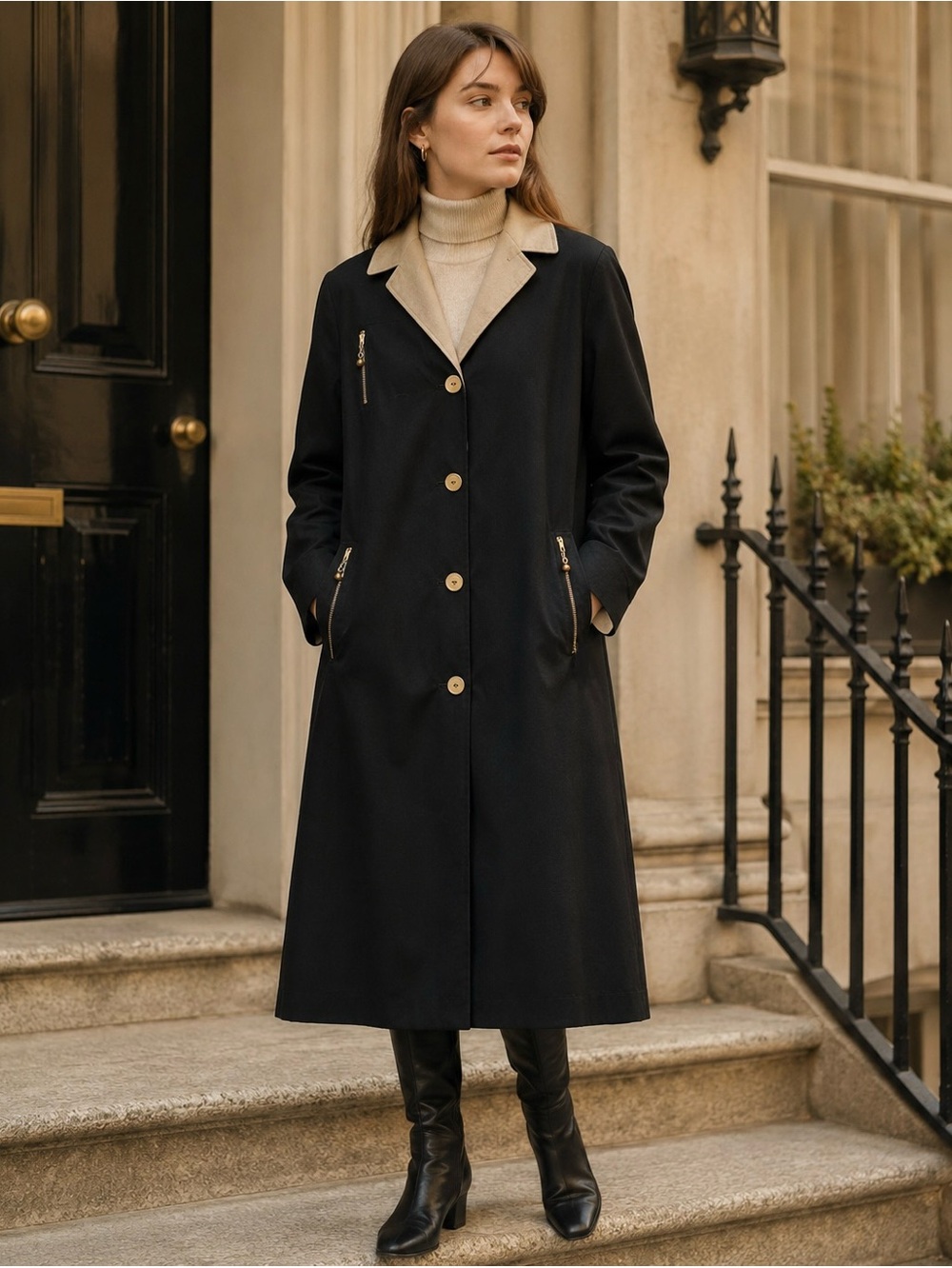 Vintage Lawrence of London Black Beige Weather Resistant Coat